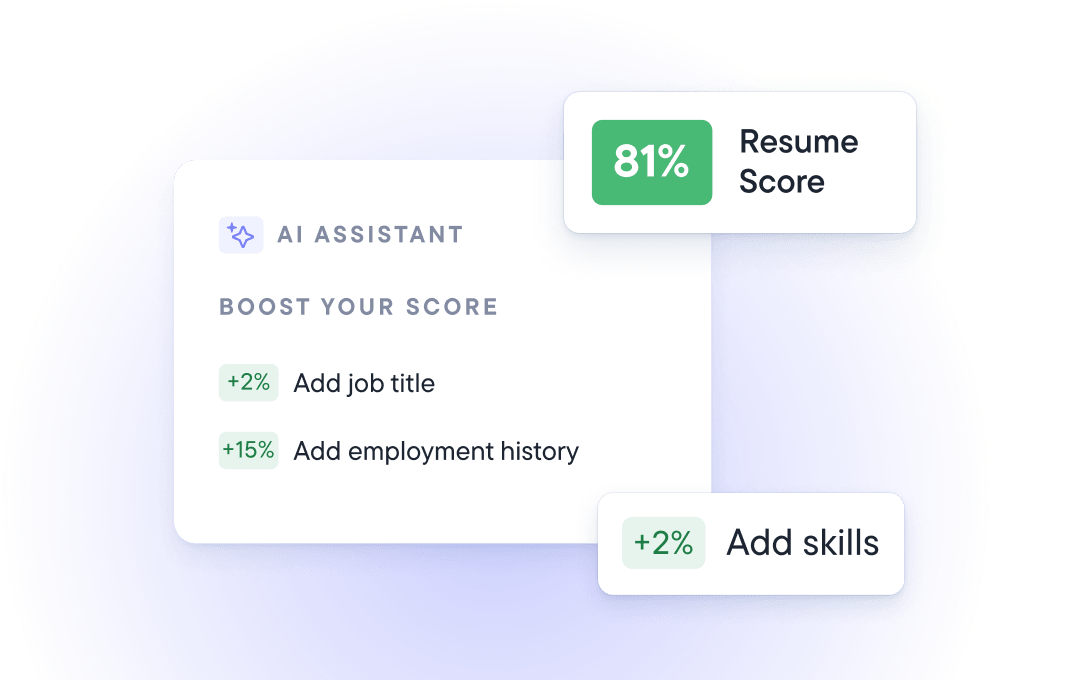 Resume checker showing score and AI-powered suggestions to improve job title, skills, and work history