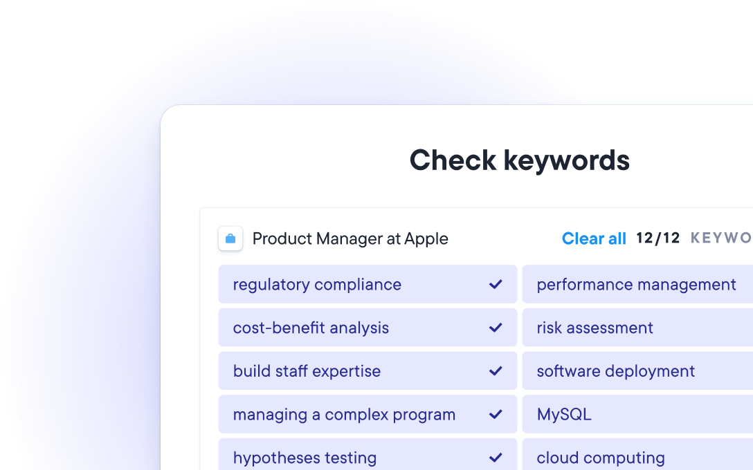 TS resume checker matching job-specific keywords for a Product Manager position at Apple